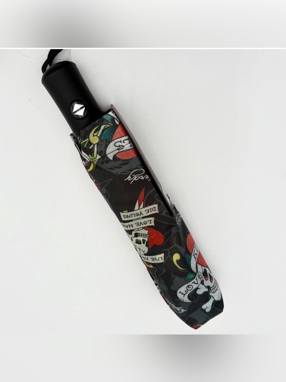 Ed Hardy Automatic Compact Umbrella Skull Heart Tattoo Print Black New